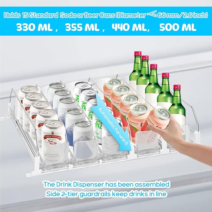 Drink Organizer for Fridge,Automatic Smooth Pusher Glide Fridge Organizer, Soda Dispenser with Width Adjustable, Beverage Organizer for Freezers, Supermarkets, Retail Stores
