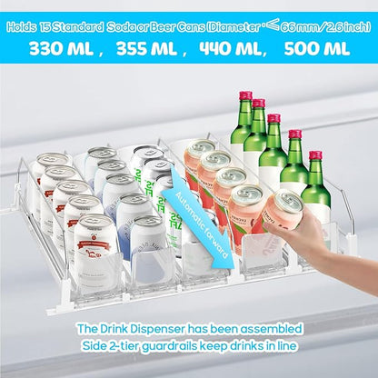 Drink Organizer for Fridge,Automatic Smooth Pusher Glide Fridge Organizer, Soda Dispenser with Width Adjustable, Beverage Organizer for Freezers, Supermarkets, Retail Stores