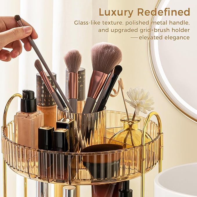 360° Rotating Makeup Organizer, Upgraded 2 Tier Skincare Perfume Organizers for Women, Bathroom Organizer Countertop, Clear Cosmetic Dresser Organizer with Makeup Brush Holder, Sink&Counter(Amber)