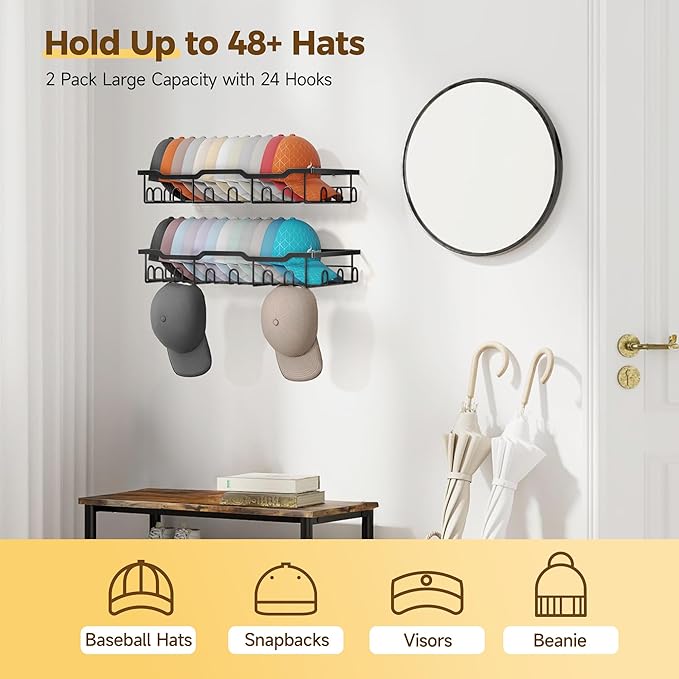 Nicetree Hat Racks for Baseball Caps Wall - Metal Hat Organizer for 48 Baseball Caps Holder, 2 Pack Hat Storage Organizer for Closet, Bedroom, Living Room Black