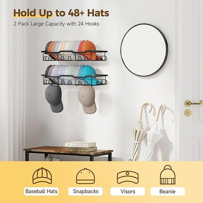 Nicetree Hat Racks for Baseball Caps Wall - Metal Hat Organizer for 48 Baseball Caps Holder, 2 Pack Hat Storage Organizer for Closet, Bedroom, Living Room Black