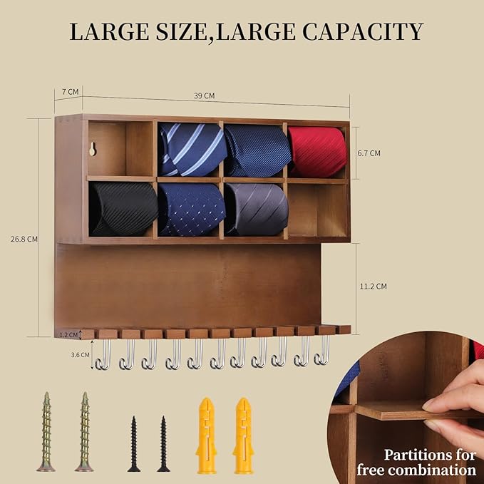 AUTOARK Wall Mounted Tie Rack/Belt Hanger,2-in-1 Wall Mount Organizer,8 Compartment Tie Organizer with Belt Slots & Hooks,Belt & Accessories,8+12+11 Storage,Walnut,AHK-081