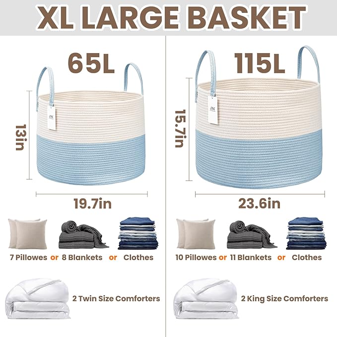 JMvicyroam 65L Extra Large Blanket Basket for Living Room - Woven Cotton Rope Laundry Hamper with Reinforced Handles - Storage Bin for Pillows, Comforters & Toys - Machine Washable,White&Blue
