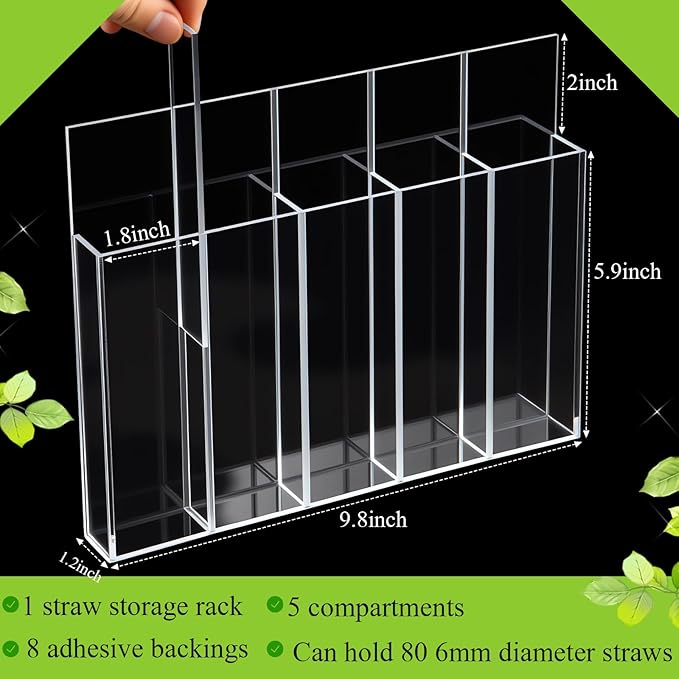 Honeydak Magnetic Acrylic Straw Holder for Cabinet Door with Adhesive Tapes and 5 Removable Partitions, Reusable Straw Organizer Storage Space-saving for Cabinet Door Fridge Kitchen(Clear,9.8 Inch)