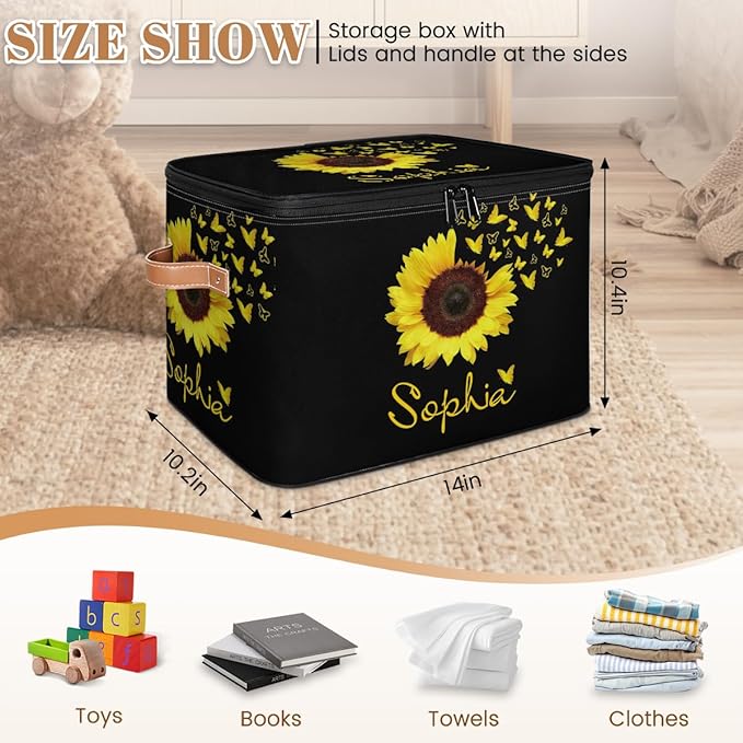 Custom Sunflower Storage Bins with Lid, Foldable Personalized Storage Basket Boxes with Handle Shelf Basket Closet Organizer Cube
