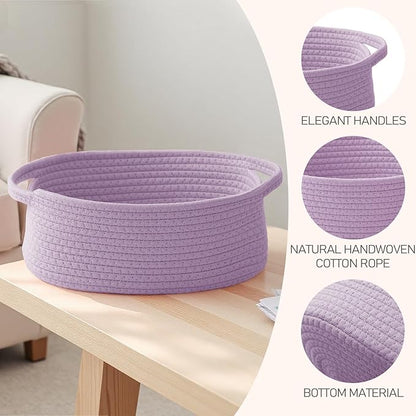 JMvicyroam Woven Basket,Small Rope Storage Bin with Handles & Ribbon Bag, Organizer for Shelves Closets,Gift Basket Empty for Birthday,Books,Dog Toys, Purple/3 Pack