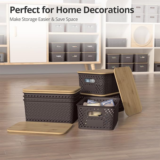 Plastic Storage Bins with Bamboo Lids, Stackable Small Box Baskets for Organizing and Containers for Shelves Drawers Desktop Closet Pantry Classroom Office Home, 6 Pack 10.2x7.2x4.1 Inch, Brown