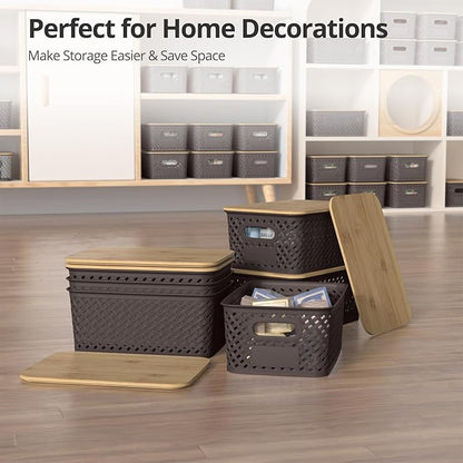 Plastic Storage Bins with Bamboo Lids, Stackable Small Box Baskets for Organizing and Containers for Shelves Drawers Desktop Closet Pantry Classroom Office Home, 6 Pack 10.2x7.2x4.1 Inch, Brown