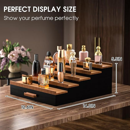 Sephyroth Cologne Organizer 5 Tier of Elegant Bamboo Perfume Organizer for Men with Hidden Storage and Practical Drawer, Perfect for Cologne Display & Gift (5T-BlackWalnut)