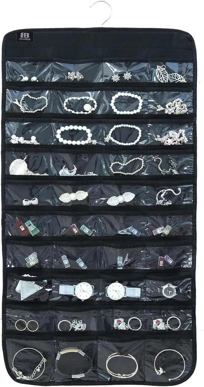 BB Brotrade Hanging Jewelry Organizer with Oxford Double Side 80 Zippered Storage Pocket (Black)