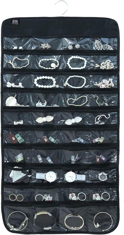 BB Brotrade Hanging Jewelry Organizer with Oxford Double Side 80 Zippered Storage Pocket (Black)