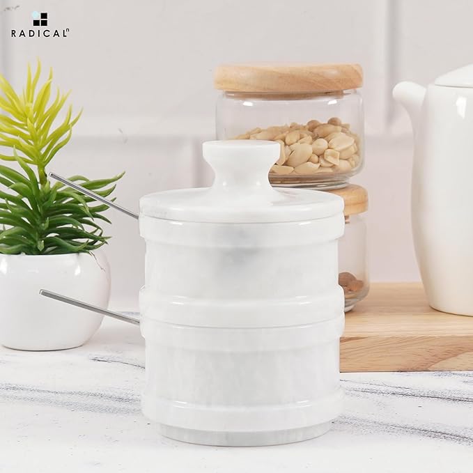 Radicaln Handmade Marble White 5.5” Dual Salt Cellar & Brown Sugar Keeper – 2.3” Each Herb Jar Salt Dish Kitchen Accesorries – Ideal For Jewelry, Butter, Sugar & Home Décor