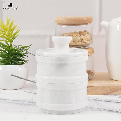 Radicaln Handmade Marble White 5.5” Dual Salt Cellar & Brown Sugar Keeper – 2.3” Each Herb Jar Salt Dish Kitchen Accesorries – Ideal For Jewelry, Butter, Sugar & Home Décor