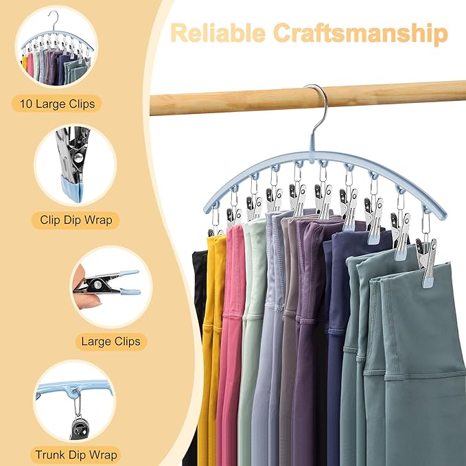 Volnamal Legging Organizer for Closet, Metal Yoga Pants Hanger w/Rubber Coated 2 Pack w/10 Clips Hold 20 Leggings, Hangers Space Saving Hanging Closet Organizer for Closet Organizers and Storage, Blue
