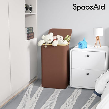SpaceAid Laundry Hamper with Lid, 110L Large Tall Clothes Basket Bin with Bamboo Handles, Collapsible Laundry Hamper for Bedroom, Bathroom, Dorm, Laundry Room - Brown