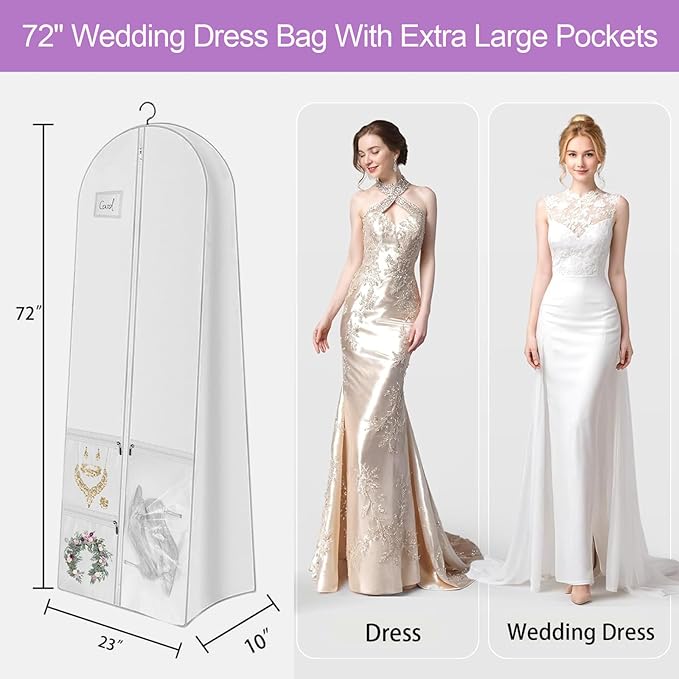 72" Wedding Dress Garment Bag with 10" Gusset & 4 Pockets - Extra Long Hanging Storage Cover for Bridal Gowns, Evening Dresses, and Formal Gowns, Travel Clothes Bag with Accessory Pockets