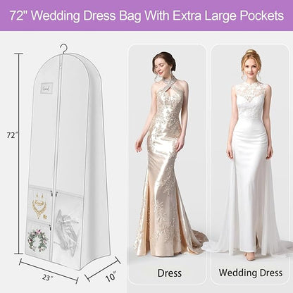72" Wedding Dress Garment Bag with 10" Gusset & 4 Pockets - Extra Long Hanging Storage Cover for Bridal Gowns, Evening Dresses, and Formal Gowns, Travel Clothes Bag with Accessory Pockets