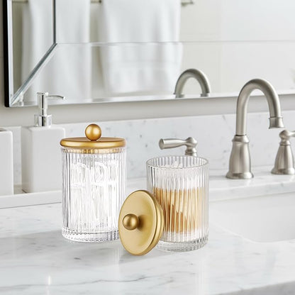 SheeChung 1-Pack Gold Ribbed Glass Qtip Holder - Apothecary Jar Bathroom Organizer with Metal Lid - Small Vanity Canister for Cotton Swabs, Rounds, Floss Picks - Modern Luxury Decor