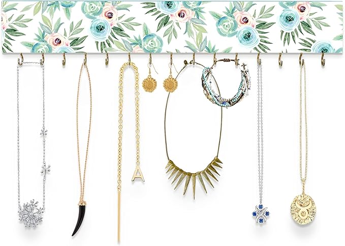 SANY DAYO HOME Wall Mounted Necklace Holder 16 x 3 inches Wood Hanging Jewelry Organizer with 15 Hooks for Necklaces, Girl Hair Bows, Bracelets - Elegant Rose