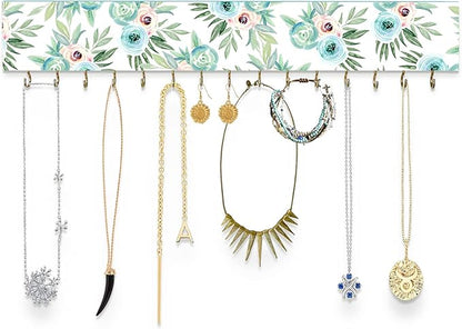 SANY DAYO HOME Wall Mounted Necklace Holder 16 x 3 inches Wood Hanging Jewelry Organizer with 15 Hooks for Necklaces, Girl Hair Bows, Bracelets - Elegant Rose