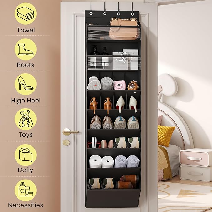 Mefirt 16-20 Pairs Over the Door Shoe Organizer, Clear Pockets Shoe Rack for Closet Door, Hanging Shoe Rack for Boots, Behind the Door Shoe Holder Fit All the Family's Sneakers, Boots, Heels, Black