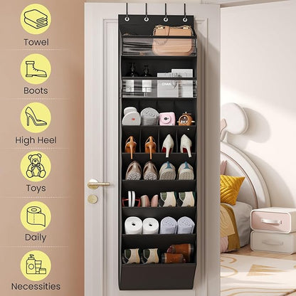Mefirt 16-20 Pairs Over the Door Shoe Organizer, Clear Pockets Shoe Rack for Closet Door, Hanging Shoe Rack for Boots, Behind the Door Shoe Holder Fit All the Family's Sneakers, Boots, Heels, Black