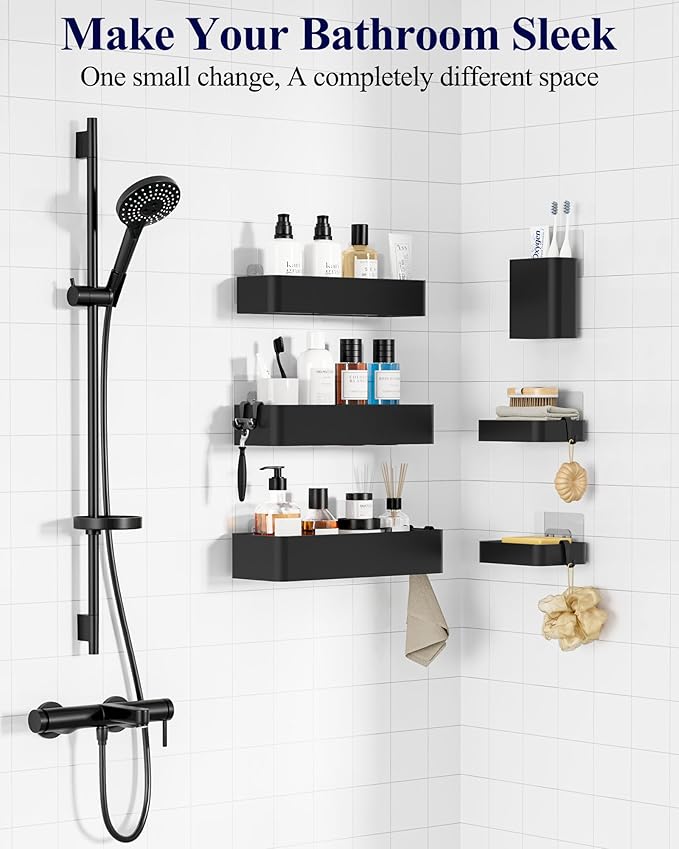 Kitsure Shower Caddy Adhesive - 6-Pack, No-Drilling Shower Shelves with Soap Holder, Toothbrush Holde, 6 Hooks, Rustproof & Stylish Bathroom Organizers and Storage Solution, Black, Large