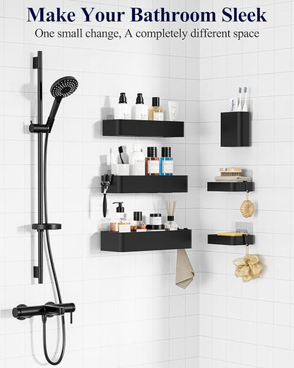 Kitsure Shower Caddy Adhesive - 6-Pack, No-Drilling Shower Shelves with Soap Holder, Toothbrush Holde, 6 Hooks, Rustproof & Stylish Bathroom Organizers and Storage Solution, Black, Large