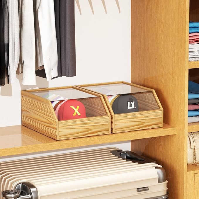 Wooden Hat Organizer Box for Baseball Caps, Hats Holder Box with Pullable Acrylic Lid Large Cap Storage for Closet Countertop (charcoal color)
