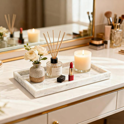 Pure Natural Marble Tray for Bathroom, Dresser, Sink. Cosmetics, toiletries, perfumes, Jewelry, Candles, etc. can be Placed (Starry White, 12" x 8" x 1.2")