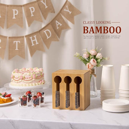 ANBOXIT Bamboo Utensil Dispenser for Spoons and Forks, Plastic Utensil Holder Station with 3 Compartments, Plastic Silverware Dispenser, Cutlery Organizer for Party, Wedding, Church and Breakroom