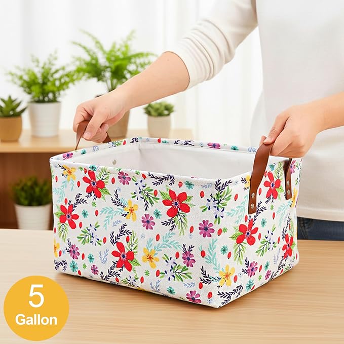yarlung 4 Pack Floral Storage Bins with Handles, 15"x10.5"x8" Collapsible Large Storage Basket for Laundry, Decorative Fabric Lined Shelf Baskets for Organizing Clothes, Toys, Books