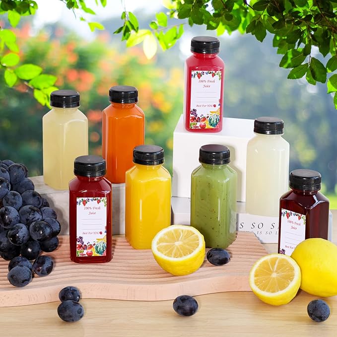 SUPERLELE 12pcs 8oz Plastic Juice Bottles with Caps, Reusable Clear Juice Containers with Labels, Funnel and Brush for Juicing, Smoothie, Milk