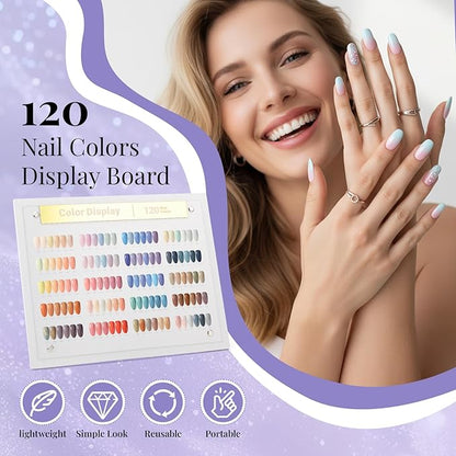 Segbeauty 120 Colors Nail Art Display Board with Accessories, Acrylic Rack Colors Showing Shelf for Nail Sample Display Practice, Nails Stand with False Tips Double Sided Tape Tweezers Number Stickers