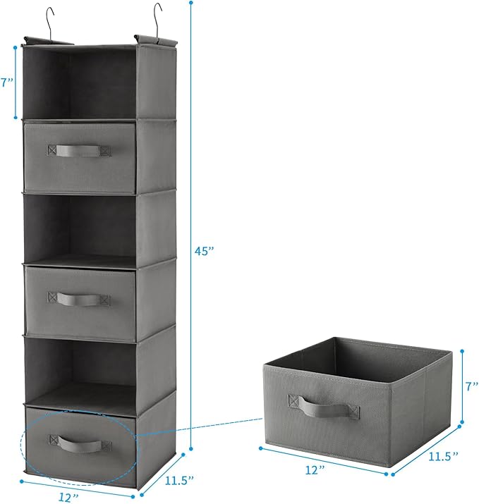 MAX Houser 6 Tier Shelf Hanging Closet Organizer, Closet Hanging Shelf with 2 Sturdy Hooks for Storage, Foldable (Grey-D3)