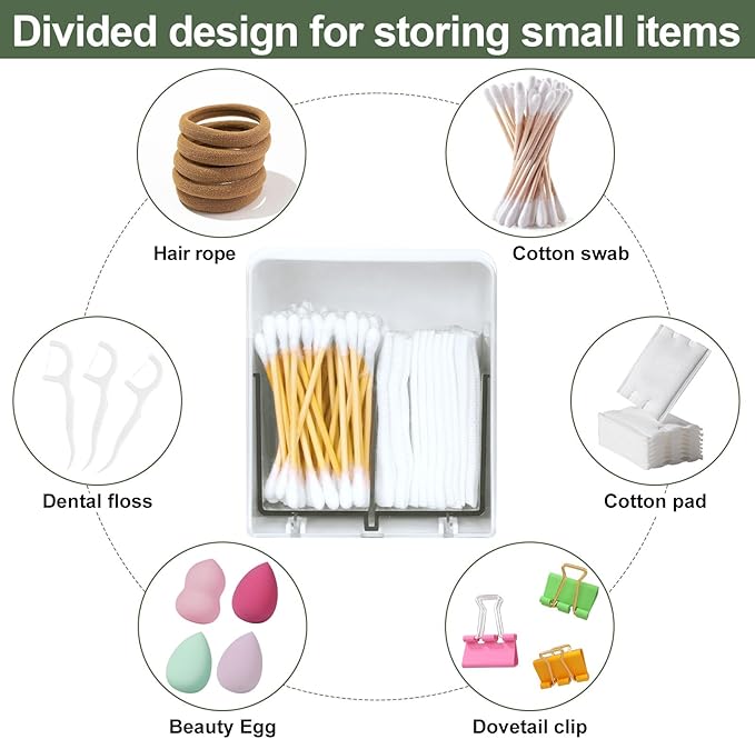 Qtip Holder with 2 Compartments, Clear Bathroom Set, Vanity Countertop Storage Organizer for Swab, Round Pads, Plastic Floss Pick Holder, White