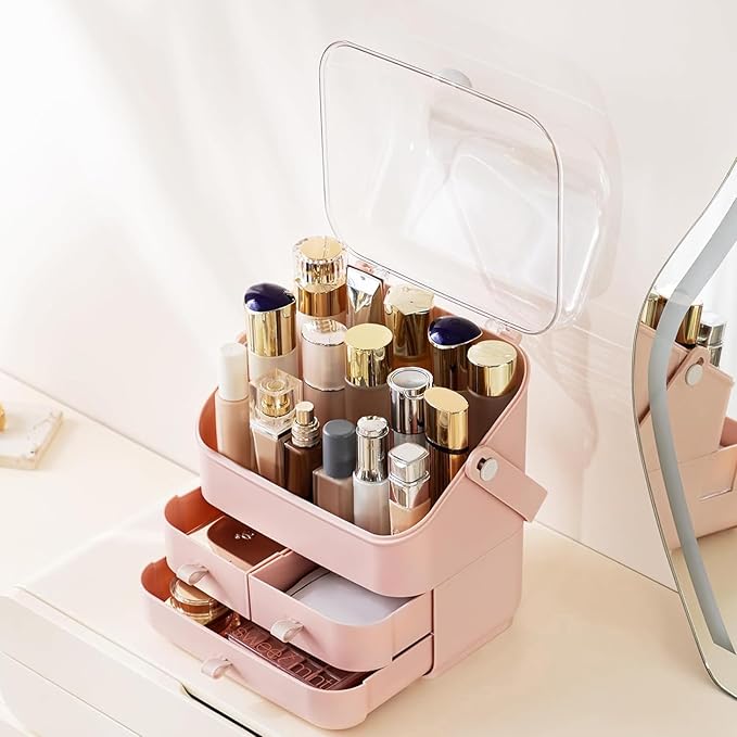 HBlife Makeup Organizer, Waterproof & Dustproof Cosmetic Storage, Fully Open Lid Makeup Display Box, Skincare Organizer for Bathroom Countertop Vanity, Pink
