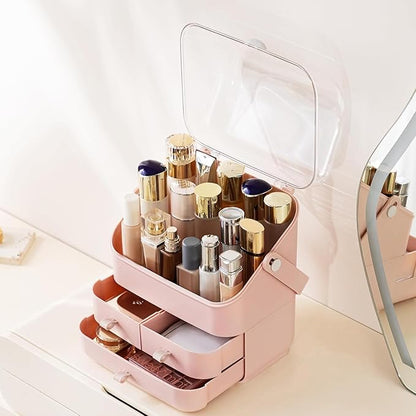 HBlife Makeup Organizer, Waterproof & Dustproof Cosmetic Storage, Fully Open Lid Makeup Display Box, Skincare Organizer for Bathroom Countertop Vanity, Pink