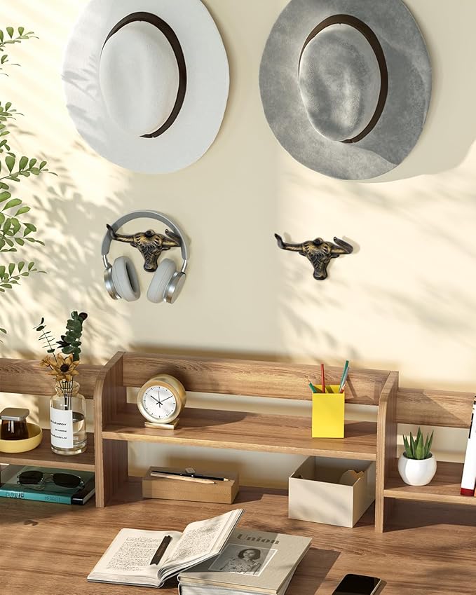Cowboy Hat Rack for Wall 4 Pack Modern Metal Cowboy Hat Holder Cast Iron Hat Hanger Western Longhorn Hooks Storage and Display at Closet Bedroom Living Room Antique Gold Men's Gift
