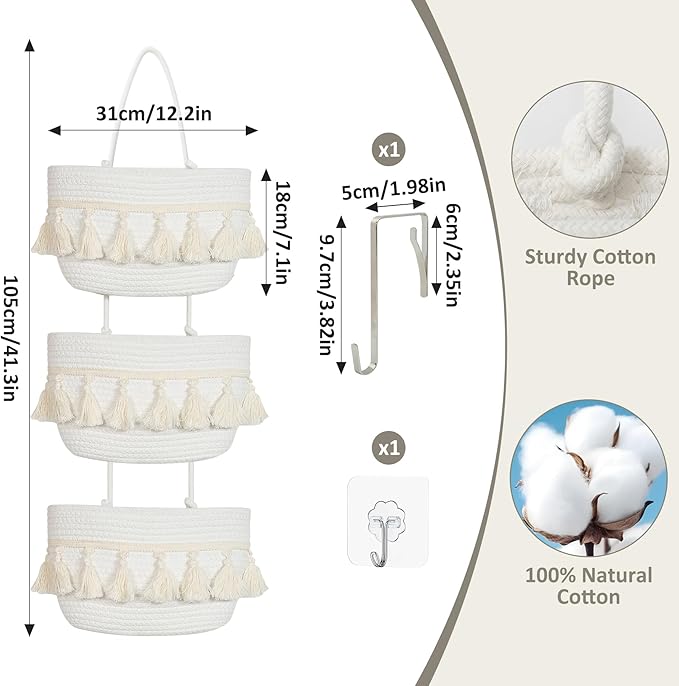 Over the Door Organizer Nursery - Cotton Boho Decor 3 Tier Wall Hanging Basket, Decorative Hanging Storage Organizer for Nursery Bathroom Bedroom Laundry Dorm Kitchen