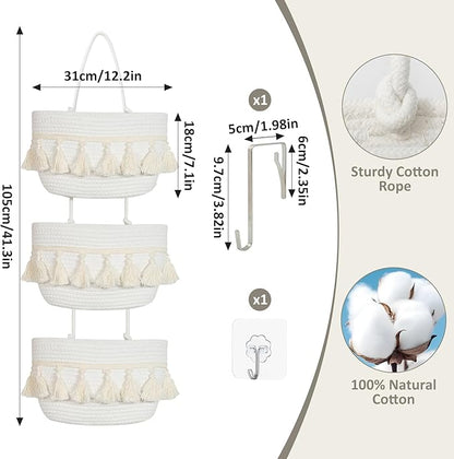 Over the Door Organizer Nursery - Cotton Boho Decor 3 Tier Wall Hanging Basket, Decorative Hanging Storage Organizer for Nursery Bathroom Bedroom Laundry Dorm Kitchen