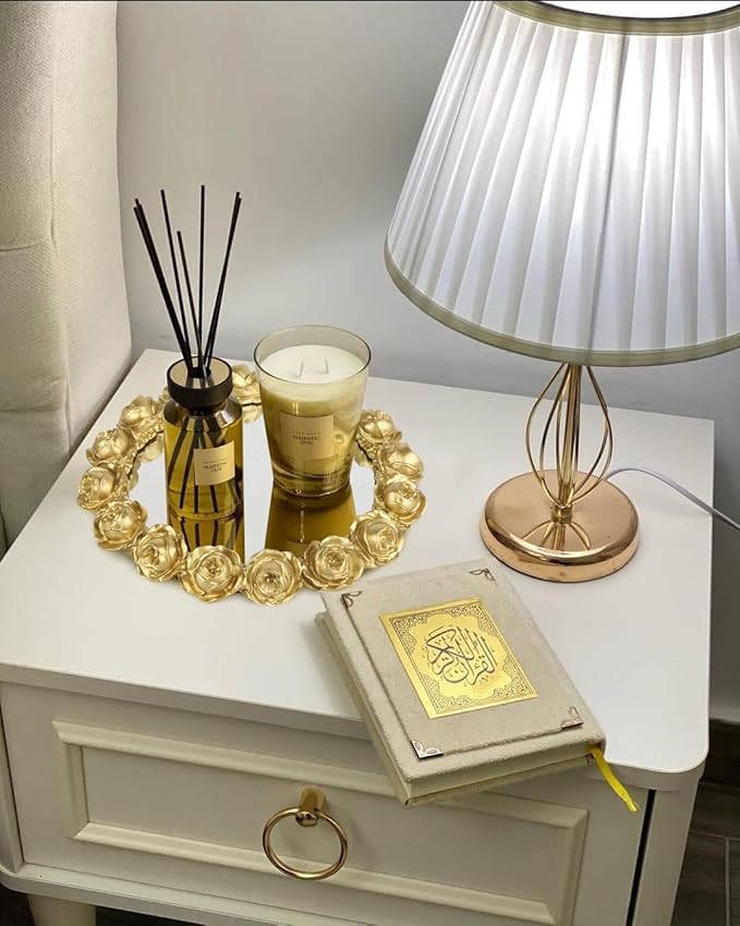 Vixdonos Decorative Round Mirror Tray Bathroom Vanity Tray with Gold Resin Rose for Perfume,Jewelry and Makeup