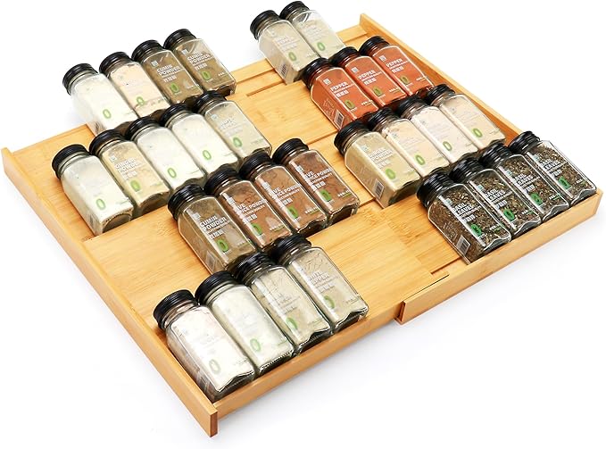 Bamboo Spice Drawer Organizer, (Need 3.1” Deep Drawer) Expandable 4 Tier Spice Rack for Cabinet (From 12" to 23" Wide), Seasoning Storage Insert, Spice Organizer for Drawer,Jars Not Included