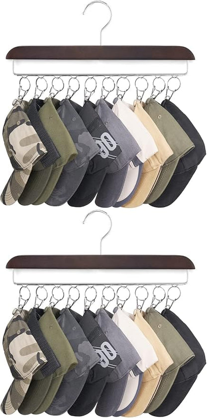 Mkono Hat Hangers for Closet Set of 2 Wooden Hat Organizer Racks for Baseball Caps with 20 Stainless Steel Clips, Baseball Hat Holder for Closet Storage, Fits All Caps, Walnut Color