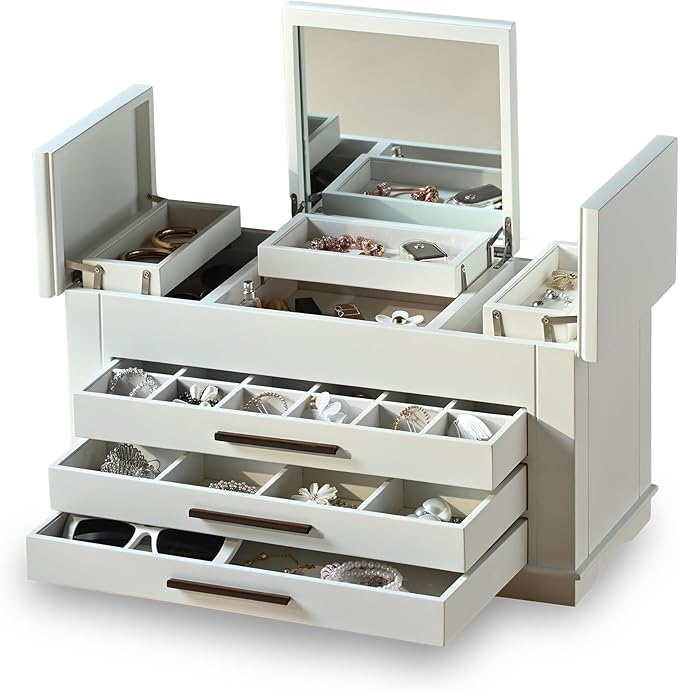 Hanway 4 Layers Wooden Jewelry Box Organizer for Women, with multiple compartments, featuring interior mirror & tray for necklaces, earrings, bracelets, glasses, and rings (white)