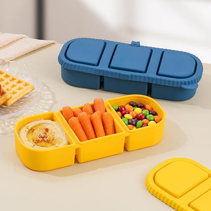 2 Pack Silicone Snack Containers, 3-Compartment Snackle Box with Leak Proof Lids, Reusable Small Divided Food Storage for Kids Lunch, School Travel Adults