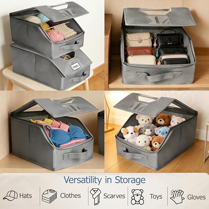 2 Pcs Stackable Baseball Cap Organizer, Washable Foldable Oxford Cloth, Smooth Durable Metal Zipper Hat Storage Holder for Closet, Holds 24 Caps with Large Clear Window, Hat Box for Home Storage