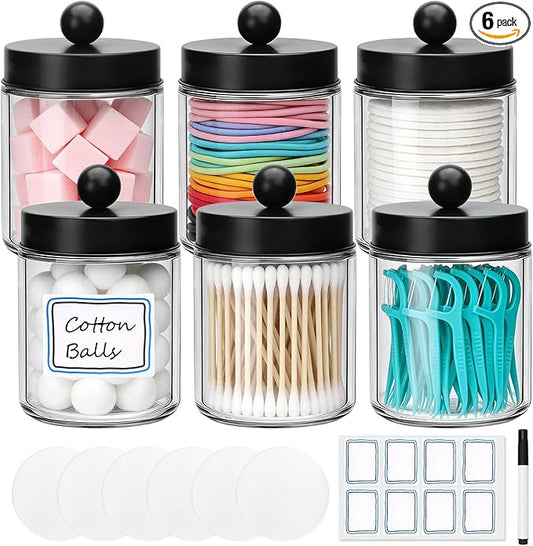 Accguan Apothecary Jars Bathroom Vanity Storage Organizer Set, Glass Countertop Canisters with Stainless Steel Lids, Qtip Holder for Cotton Swabs, Makeup Sponges, Flossers, 6 Pack