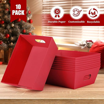 AFOROEOA 10PACK Baskets For Gifts Empty, 10 x 8”Thick Red Gift Basket with 10 Clear Gift Bags and 10 Pull Bows, Empty Gift Baskets for Christmas, Thanksgiving Wedding Birthday Party Wrapping Gift