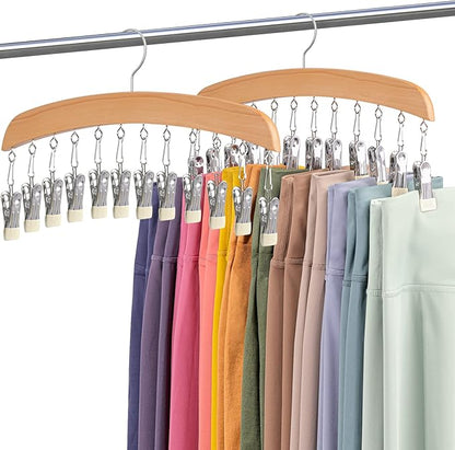 MEILIDY Leggings Hangers, Wooden Closet Hanging Leggings Storage Organizer Scarf Hangers with 24 Clips, 360° Swivel Hook, Burlywood, 2 Pcs